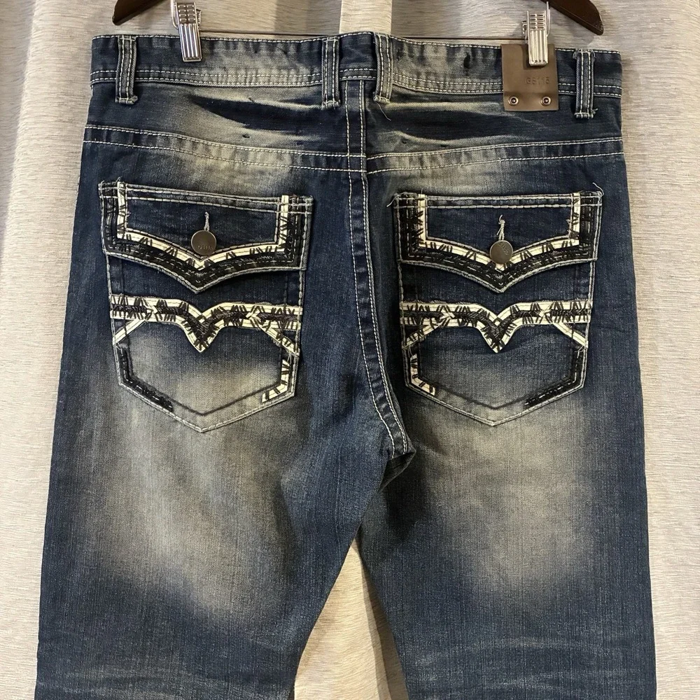 GS-115 Jeans Mens 36 Blue Premium Straight Leg Contrast Stitch Streetwear Denim